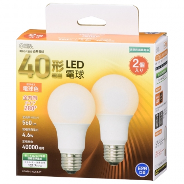 LED電球 E26 40形相当 全方向 電球色 2個入 [品番]06-4704