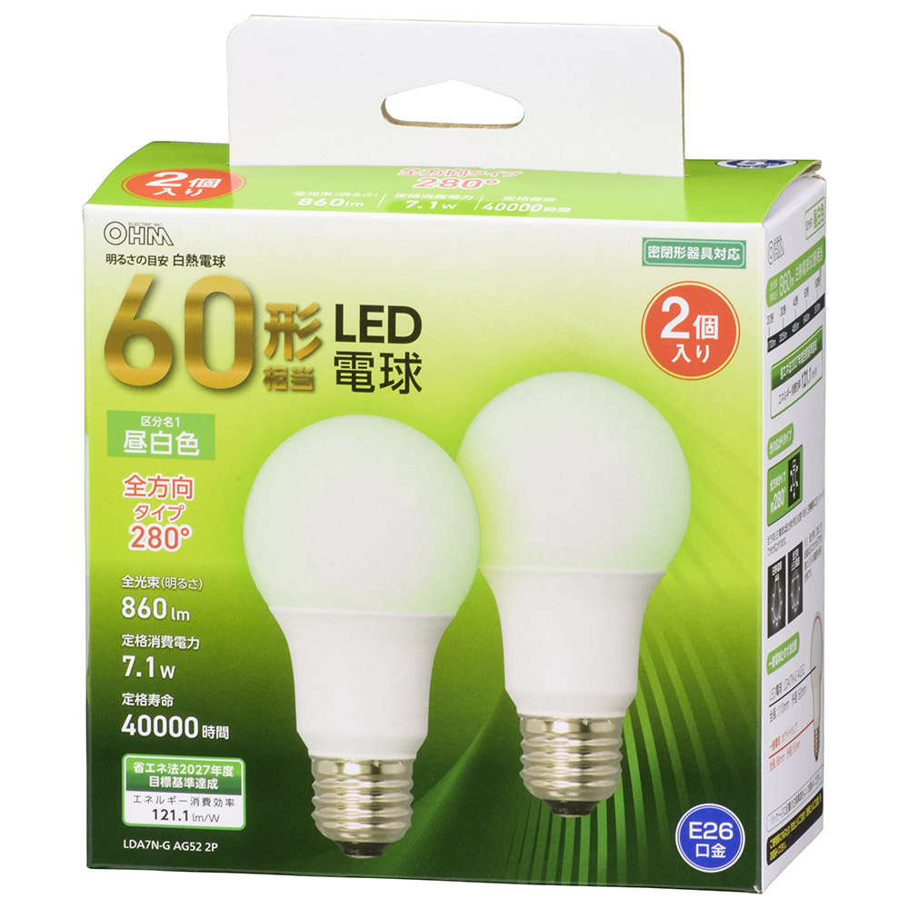 LED電球 E26 60形相当 昼白色 全方向 2個入 [品番]06-4708｜株式会社オーム電機