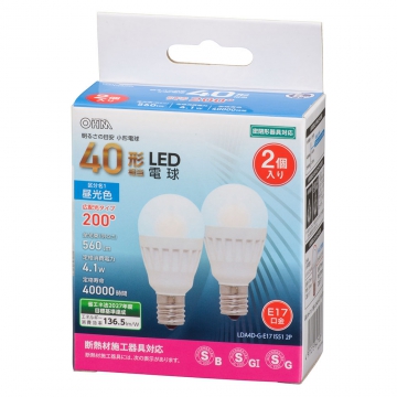 LED電球 小形 E17 40形相当 昼光色 2個入 [品番]06-4718