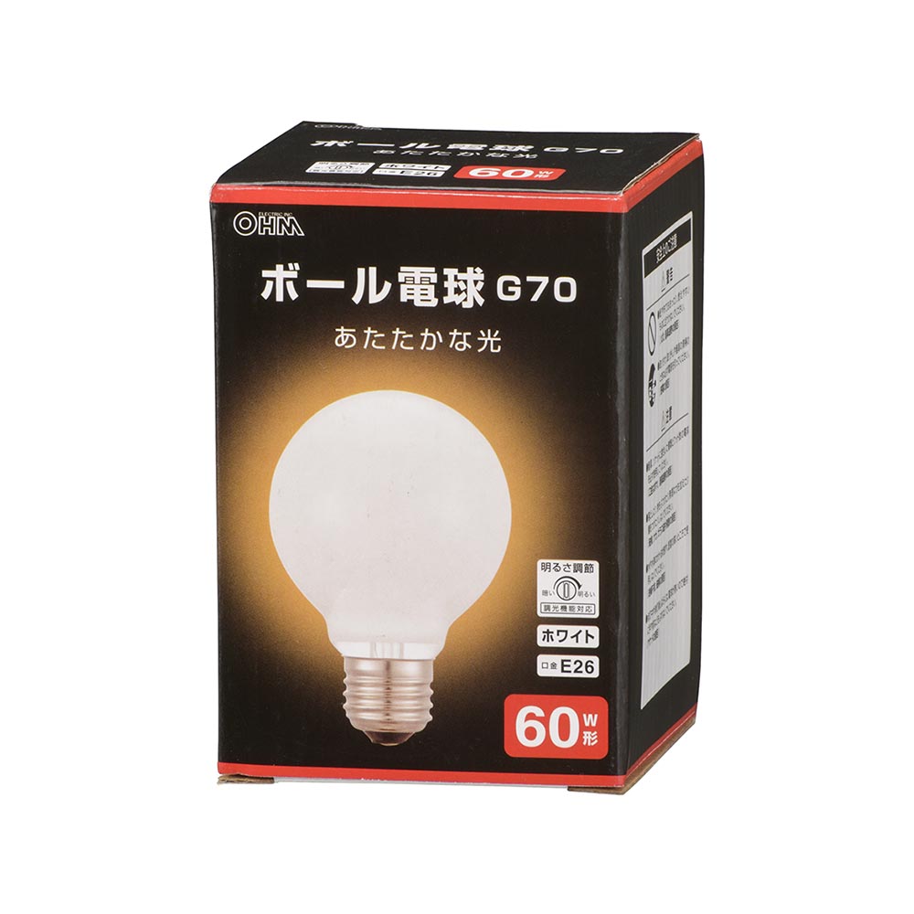 ボール電球 E26 60w形 G70 ホワイト 品番 06 0870 株式会社オーム電機