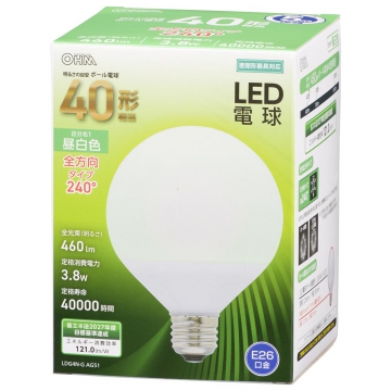 LED電球 ボール電球形 E26 40形相当 昼白色 [品番]06-3162