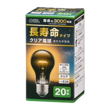 長寿命白熱電球 E26 20W形 クリア  [品番]06-4745