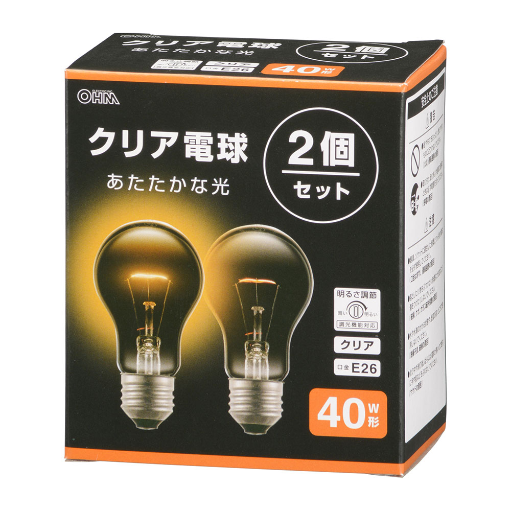 白熱電球 E26 40W形 クリア 2個セット [品番]06-4739｜株式会社オーム電機