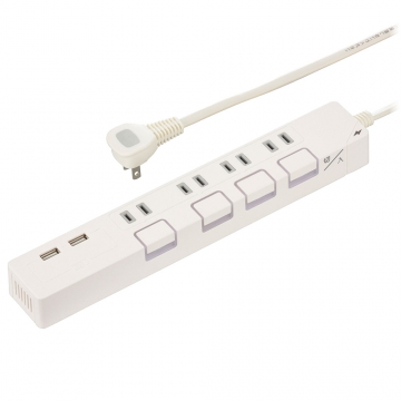 節電タップ光る押しボタンスイッチ雷ガード4個口 USBポート付き 2mホワイト [品番]00-1668