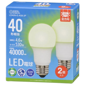 LED電球 E26 40形相当 昼白色 2個入 [品番]06-5518