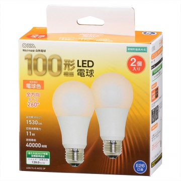 LED電球 E26 100形相当 電球色 2個入 [品番]06-4713