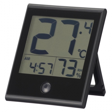 温度が見やすい温湿度計 時計機能付き ブラック [品番]08-1447