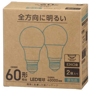 LED電球 A形 E26 60形相当 昼光色 2個入 [品番]06-4989