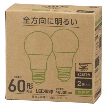 LED電球 A形 E26 60形相当 昼白色 2個入 [品番]06-4988