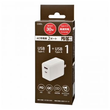 AC充電器 2ポート Type-C/A PD/QC対応 30W [品番]01-7306