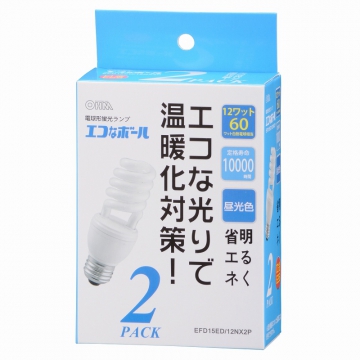 電球形蛍光灯 スパイラル形 E26 60形相当 昼光色 エコなボール 2個入 [品番]04-5496