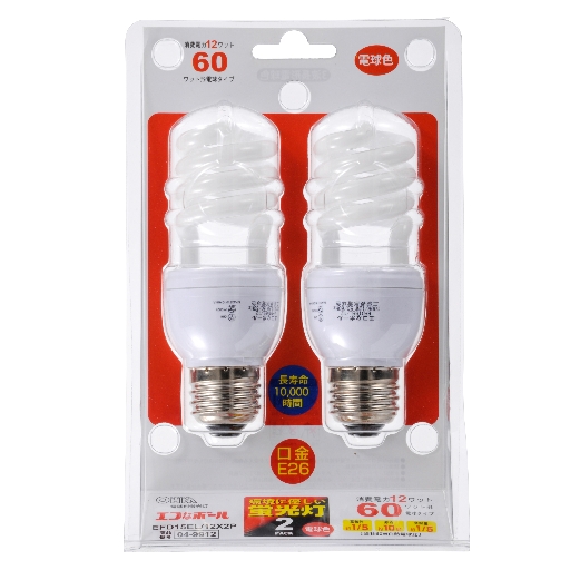 電球形蛍光灯 スパイラル形 E26 60形相当 電球色 エコなボール 2個入