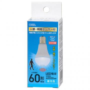 LED電球小形 E17 60形相当 人感明暗センサー付 昼光色 [品番]06-5699