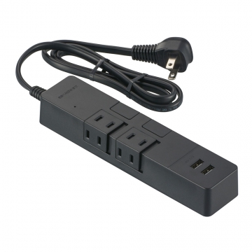 雷ガード付き2個口タップ USBポート付き 1m 黒 [品番]00-1737