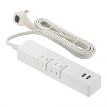 雷ガード付き2個口タップ USBポート付き 2m 白 [品番]00-1738