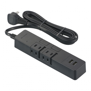 雷ガード付き2個口タップ USBポート付き 2m 黒 [品番]00-1739